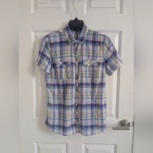 Eddie Bauer Blue Plaid Short Sleeve Button Down Shirt Normcore Scandi Girl Top M